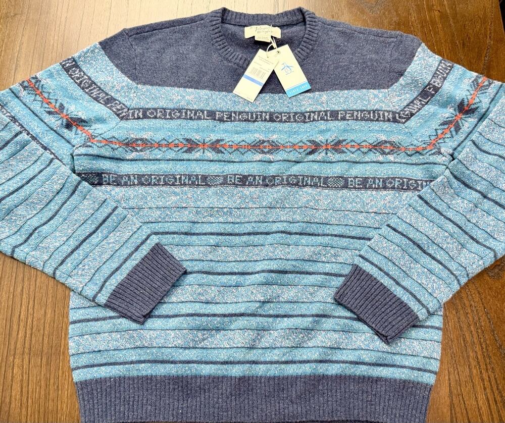 NEW Penguin Blue Aztec Knit Pullover Lambswool Fairisle Nordic Sweater Size XL